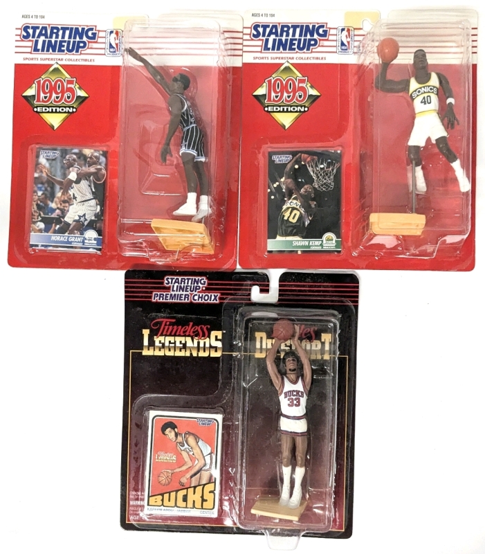 3 Vintage 1994-95 Kenner STARTING LINEUP NBA Basketball Figures With Cards : Shawn Kemp, Horace Grany, Kareem Abdul-Jabbar (Timeless Legends) - Up to 6.25" Tall
