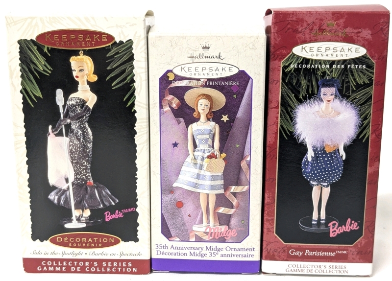 3 Vintage 1995, '98, '99 HALLMARK Ornaments BARBIE Collectables: Solo in the Spotlight, Gay Parisienne & 35tn Anniversary Midge Christmas Ornaments