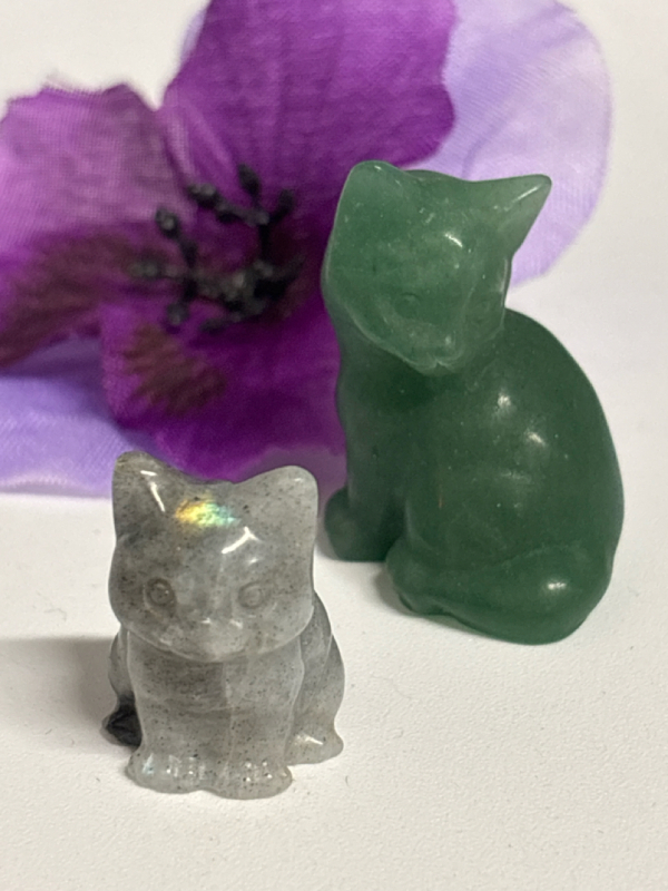 Natural Stone Carved Resting Cat Green Adventurine Natural Tiny Labradorite Sitting Carved Cat Approximately 1.38 inch and .6 inch