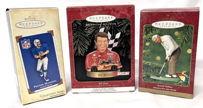 3 Vintage 1999, '00, '04 HALLMARK Ornaments: NFL Football Peyton Manning, NASCAR Bill Elliott, PGA Golf Arnold Palmerc