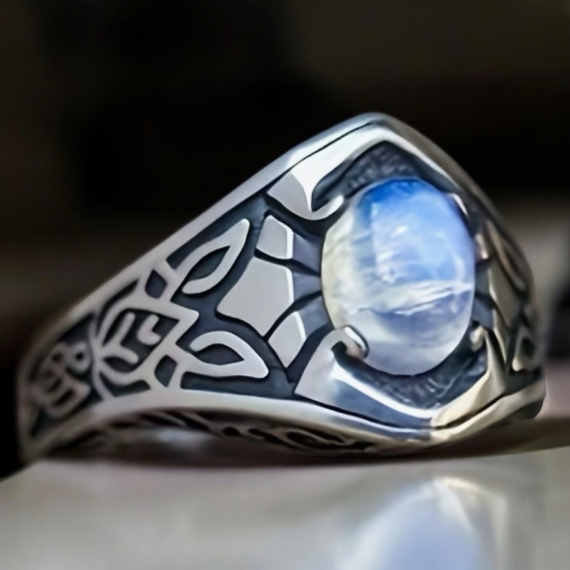 Vintage Inspired Celtic Knot Ring with Iridescent Blue Stone Stainless Steel Size 12