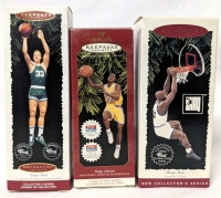 3 Vintage 1995, '96, '97 HALLMARK NBA Basketball Ornaments: Larry Bird, Magic Johnson, Shaquille O'Neil With Classic or Fleer Trading Cards