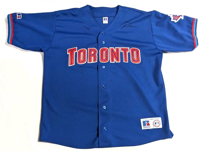 Signed Russell Athletic MLB Baseball TORONTO BLUE JAYS Button-Up Jersey With Stitched Patches & Logos - Size XL Made in Canada