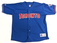 Signed Russell Athletic MLB Baseball TORONTO BLUE JAYS Button-Up Jersey With Stitched Patches & Logos - Size XL Made in Canada