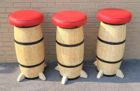 Three (3) Vintage Barrel Style Bar Stools . Measures 32" tall & 16" diameter Seat . One Stool seat has loose Thread on Seam