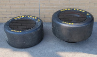 Vintage NASCAR Good Year Eagle Racing Tires , Converted to Side Tables w/Glass . One Table is on Stand and Wired for Light .