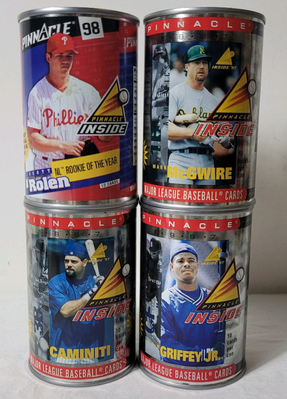 1997 & 1998 Pinnacle MLB Baseball Trading Card Sealed Cans . Three (3) 1997 Cans & One (1) 1998 Can - Ten (10) Trading Cards Per Can