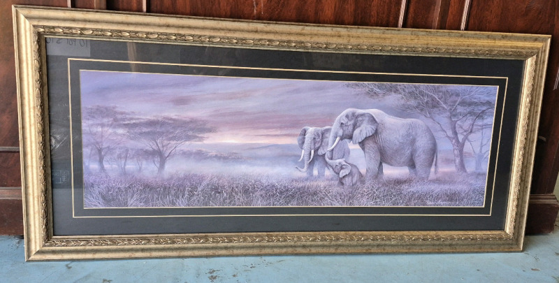 Large Framed Print Elephants with Baby by Ruane Manning 44 by 20"