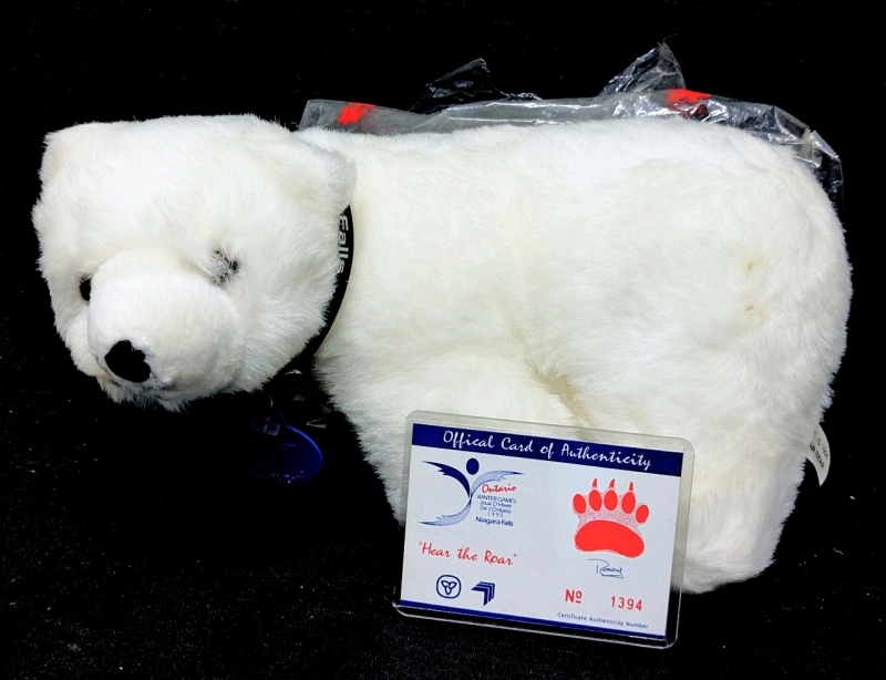 Vintage 1994 Ontario Winter Games '95 Niagara Falls Limited Edition ROARY The Polar Bear Plush #1394 With Card of Authenticity & Original Plastic Bag - 6.5" Tall