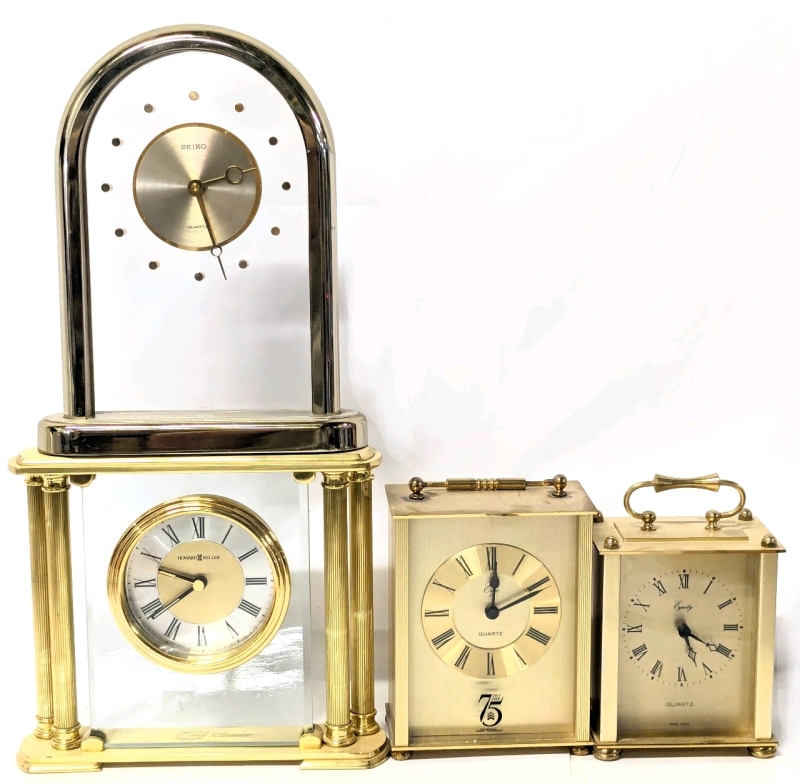 4 Vintage Brass + Mantle Clocks : West Germany Ergo, Seiko Quartz, 1996 Howard Miller, Equity Hong Kong - Tallest 8.4" (See Description)
