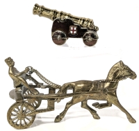 Vintage Solid Brass Horse & Cart Racing Jockey 6" Long & Solid Metal Souvenir England Cannon & Stand 4.5" Long