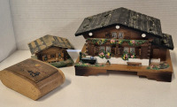 Vintage Log Cabin Musical Jewelry Box & Coin Bank & Trinket Box