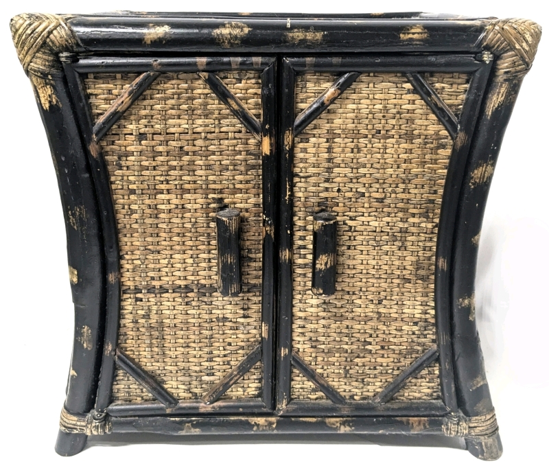 Vintage Small Wicker & Wood Tiki-Style Chest With Shelves - 12.5" &times; 8.8" &times; 11.5"