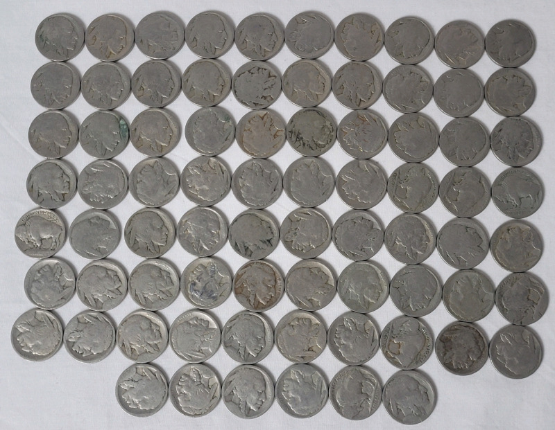 76 Undated USA Buffalo / Indian Head 5 Cent Nickels . All Dates have been worn off , possible date range 1913 to 1938 . Denver , San Francisco & Philadelphia Mint.