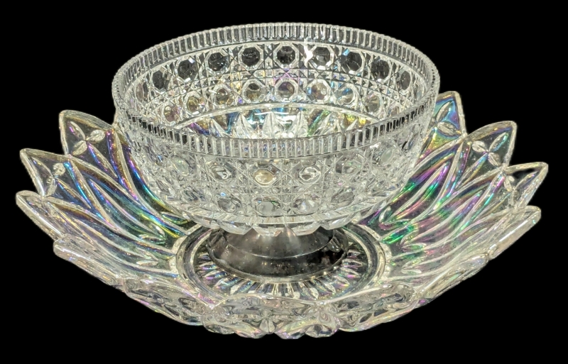 Prismatic Vintage Unsigned Federal Glass Petal Design Carnival Flashed Iridescent Glass Bowl 10" Diameter & Vintage Crystal Sugar Bowl 6.25" D &times; 4.4" Tall