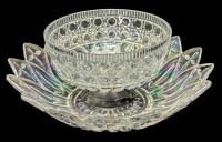 Prismatic Vintage Unsigned Federal Glass Petal Design Carnival Flashed Iridescent Glass Bowl 10" Diameter & Vintage Crystal Sugar Bowl 6.25" D &times; 4.4" Tall