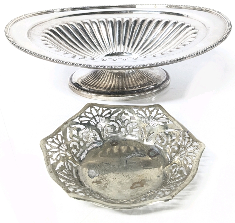 Vintage Signed SHEFFIELD Reproduction 6524Presumed Plated 7.5" Wide Pedestal Bowl Dish & Small Signed JWT EPNS 4097 Silver Plated Floral Pierced Trinket Dish 3.8" &times; 4" &times; 0.75"