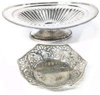 Vintage Signed SHEFFIELD Reproduction 6524Presumed Plated 7.5" Wide Pedestal Bowl Dish & Small Signed JWT EPNS 4097 Silver Plated Floral Pierced Trinket Dish 3.8" &times; 4" &times; 0.75"