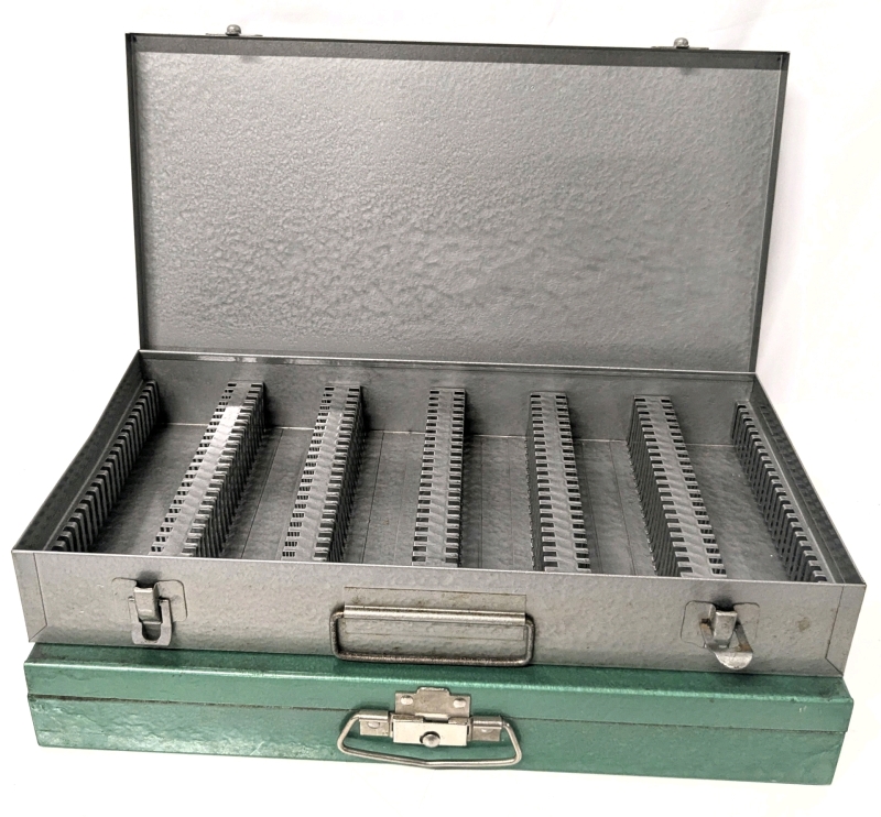 2 Vintage Tin Storage Cases For 35mm Photo Slides - 14.5" &times; 7.5" &times; 2" Each