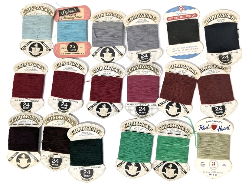 18 Vintage 100% Wool Mending / Repair Spools: Chadwick's, Warwick & Dawn - Up to 24 Yards Per Spool