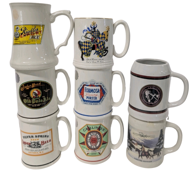 8 Vintage Beer Mugs Tankards Incl Advertising & Breweriana : Limited Edition STETSON, Indian Head Old Pale Ale, Silver Spring, Formosa Porter, Carling's, Speed Courage Steel Power Victory - Up to " Tall