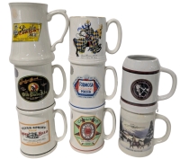 8 Vintage Beer Mugs Tankards Incl Advertising & Breweriana : Limited Edition STETSON, Indian Head Old Pale Ale, Silver Spring, Formosa Porter, Carling's, Speed Courage Steel Power Victory - Up to " Tall