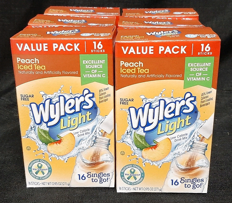 6 New Packs of Wyler's Light Peach Iced Tea Powder Singles Sticks | 27.1g Each, Best Before December 2027