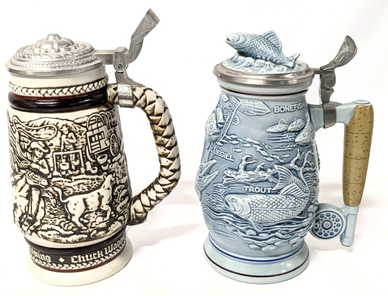 2 Vintage AVON Beer Steins: Fishing + Western Cattle Drive Steins : Up To 9" Tall, No Chips or Cracks