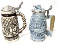 2 Vintage AVON Beer Steins: Fishing + Western Cattle Drive Steins : Up To 9" Tall, No Chips or Cracks
