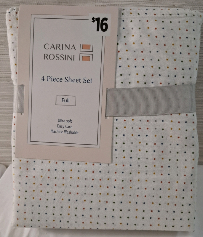 New Carina Rossini Full 4 Pieces Sheet Set| Includes- 1 Flat Sheet, 1 Fitted Sheet & 2 pillowcases| See Photos for Measurements