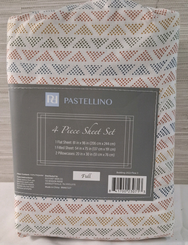New Pastellino Full 4 Pieces Sheet Set| Includes- 1 Flat Sheet, 1 Fitted Sheet & 2 pillowcases| See Photos for Measurements