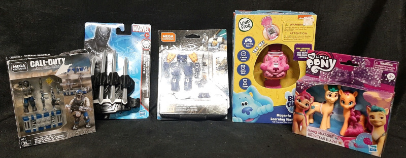 Lot of Figures & Licensed Toys | Includes Mega Construx Call of Duty Navy Weapon Crate Set (Box Measures 6" Tall, 5" Wide), Marvel Black Panther Hand Claw Toy (Measures 8" Tall, 6" Wide), Mega Construx Halo Skyfire Exosuit Set (8" Tall, 6" Wide), Blue's C