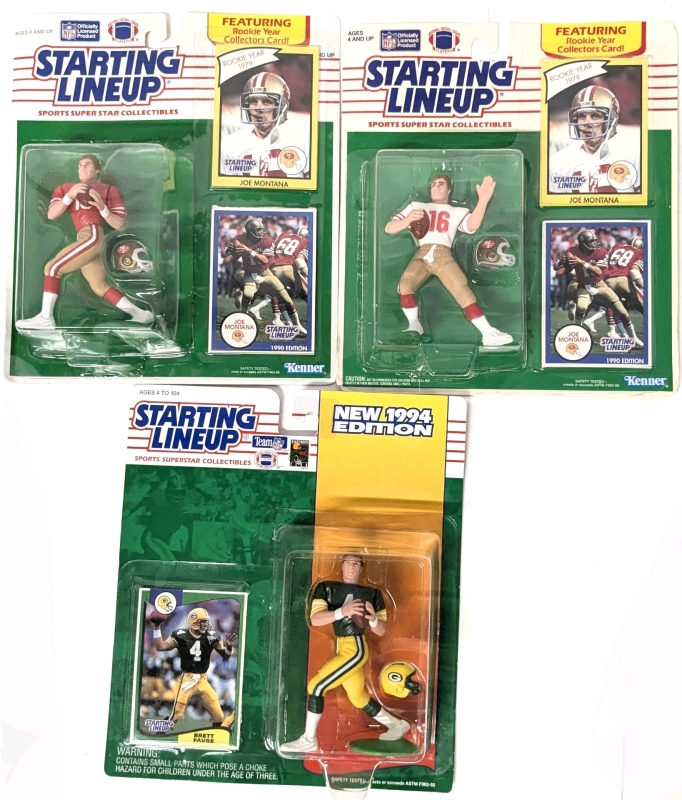 New Kenner STARTING LINEUP NFL Football Action Figures: 2&times; 1990 Joe Montana, 1994 Brett Favre - With Trading Cards