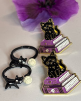 Two Black Cat Rings Playing with Ball of Yarn and Two Charming Enamel Black Cats on Purple Books Lapel Pin One for you and One Set for BF