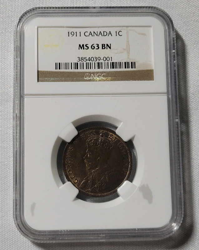 1911 Canadian One Cent Penny , NGC Graded MS 63 BN