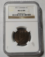 1911 Canadian One Cent Penny , NGC Graded MS 63 BN