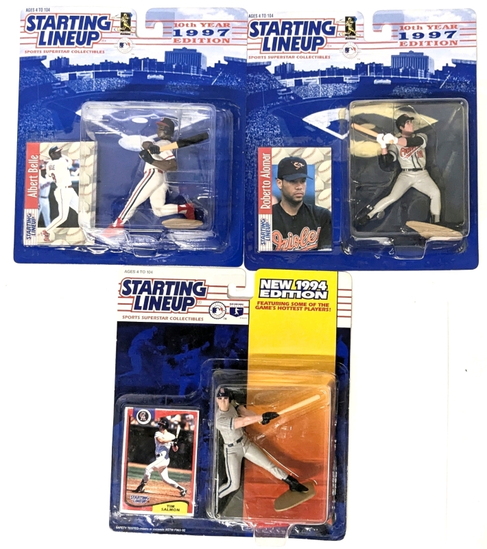 3 Vintage Kenner STARTING LINEUP MLB Baseball Action Figures: 10th Year 1997 Edition Albert Bell & Roberto Alomar & New 1994 Edition Tim Salmon - Each With Trading Card