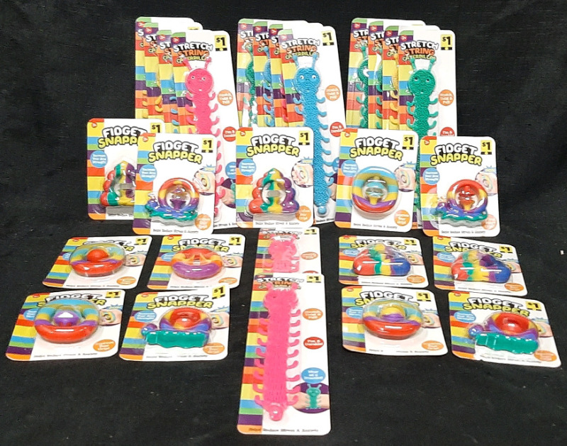Large Lot of Fidget Stress Toys | Includes 14 Stretch String Caterpillars (Measured 8&frac12;" Long) & 13 Fidget Snappers (Measures 2" Long and 2&frac12;" Wide)