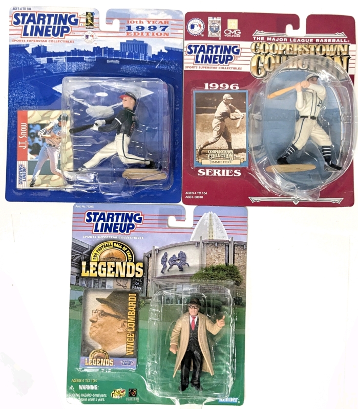 3 Vintage Kenner STARTING LINEUP Action Figures: MLB Baseball Jimmie Fox 1996 Cooperstown Collection, J.T. Snow 10th Year 1997 Edition & NFL Football 1998 Legends Vince Lombardi - Each With Trading Card