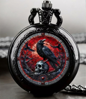 New Vintage-Inspired Raven & Skull Pocket Watch Chain 30 In Lobster Clasp Pull Tab intact Watch approximately 2 Inch