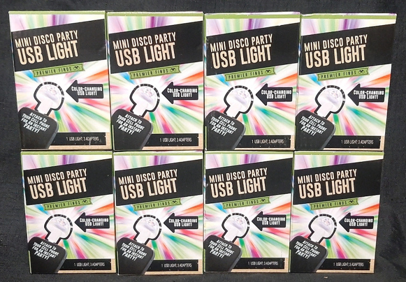 8 New Mini Disco Party USB Lights | Plugs into Your Phone, Comes with Three Adapters, Box Measures at 4" Tall, 3" Wide