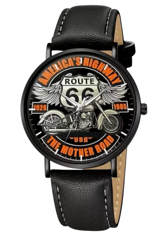 New Highway 66 Memorial Bike Quartz Watch PU Leather Strap Vintage Style Sports Style Round Dial Battery Powered Tag intact
