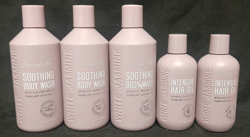 4 New Bottles of Aromafields Hair Oils & Body Washes | 3 White Jasmine Soothing Body Washes (500ml each) & 2 White Jasmine Intensive Hair Oils (240ml each)