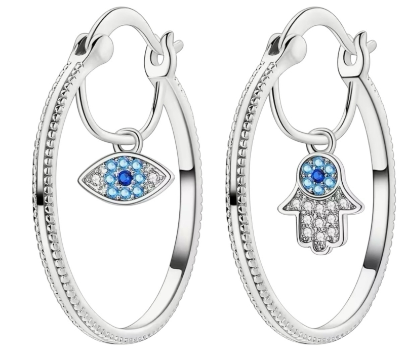 925 Silver Asymmetric Eye and Hand Hoop Earrings / Stamped Appropriately 1 inch round / Blue Black Clear Stones