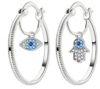 925 Silver Asymmetric Eye and Hand Hoop Earrings / Stamped Appropriately 1 inch round / Blue Black Clear Stones