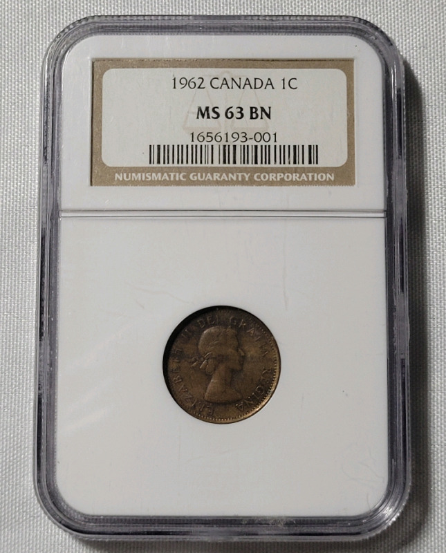 1962 Canadian One Cent Penny , NGC Graded MS 63 BN