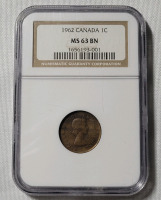 1962 Canadian One Cent Penny , NGC Graded MS 63 BN