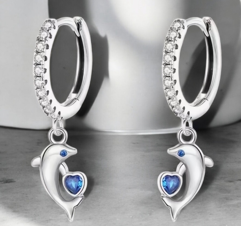 925 Sterling Silver Dolphin Drop Earrings Pierced Blue Stone Stamped Appropriately 1.11 inch