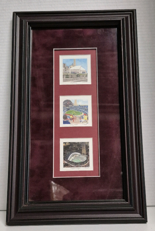 3 Vintage Framed Miniature Skydome Prints Signed by Artist INGRID HUNT 10.25 by 17.5"