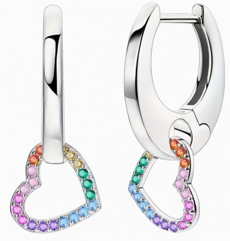 925 Sterling Silver Stamped Heart-Shaped Hoop Earrings with Colorful Cubic Zirconia Approximately 1.07 Inch Drop